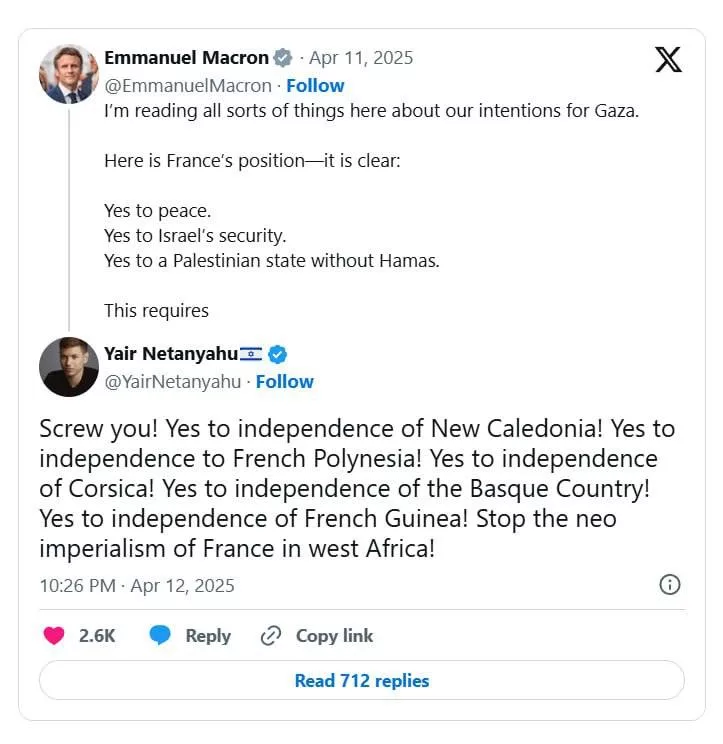 «Пошел ты». Сын Нетаньяху обрушился на Макрона из-за поддержки Палестины
