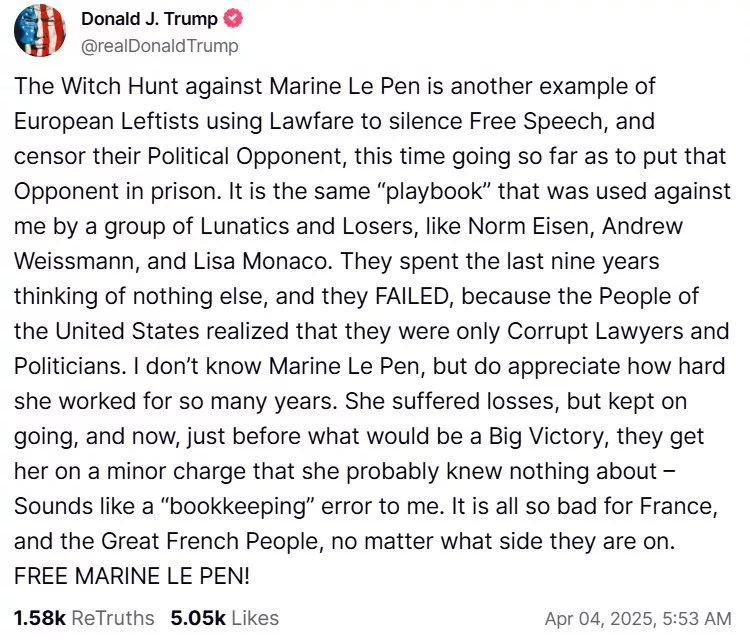 Трамп призвал освободить Марин Ле Пен. Её приговор он назвал охотой на ведьм