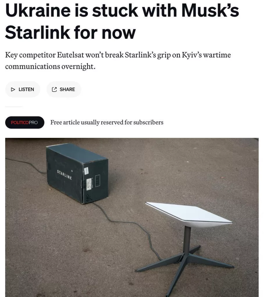 Французско-британский оператор Eutelsat не сможет быстро заменить Starlink на Украине, пишет Politico