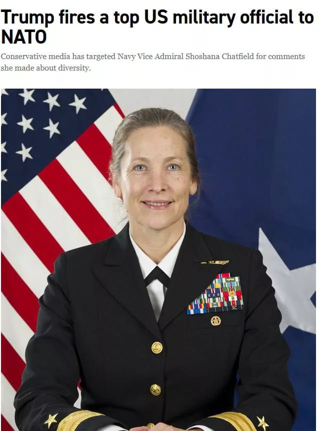 Трамп уволил вице-адмирала ВМС Шошану Чатфилд, которая выступала в поддержку «политики разнообразия», сообщает Politico