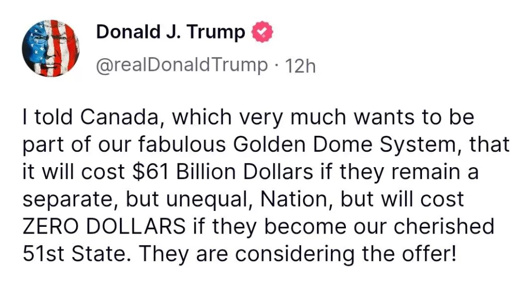 Трамп все еще уверен, что Канада всерьез рассматривает вариант присоединения к США в качестве штата