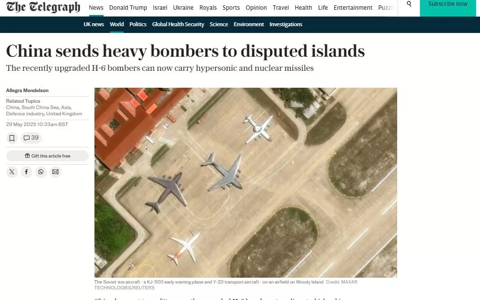 Китай перебрасывает модернизированные бомбардировщики к спорным островам в Южно-Китайском море — The Telegraph