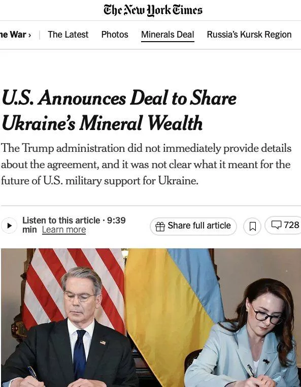 Киев без гарантий безопасности: NYT раскрыла неудобную правду о сделке по ископаемым