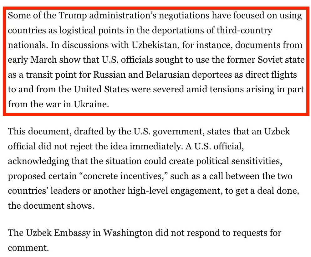 США превращают Узбекистан в депортационный хаб – за звонок с Трампом и в обмен на геополитику