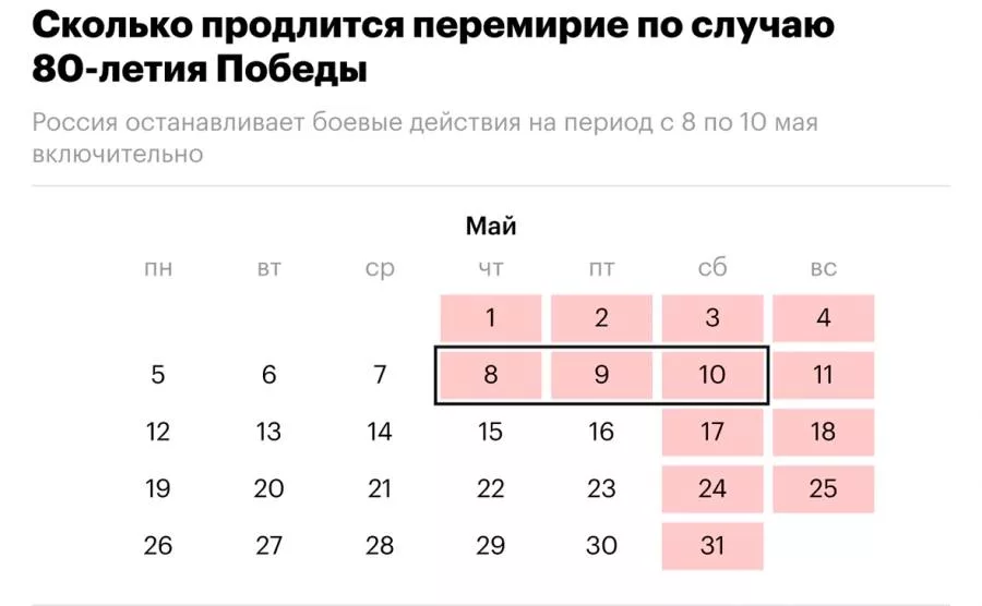 Началось объявленное Путиным перемирие до 00:00 10–11 мая 2025 года