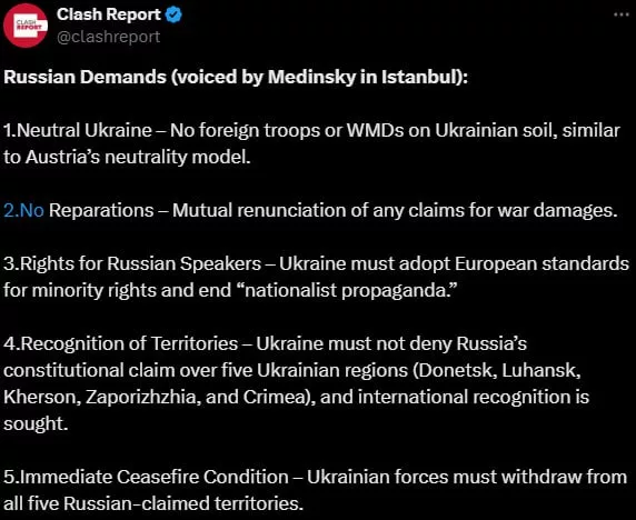 Раскрыты полные требования России на переговорах в Стамбуле — Clash Report