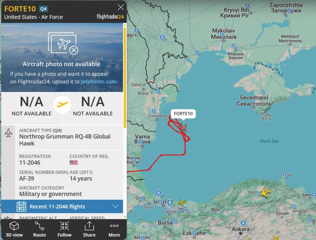 На фоне мирных переговоров в Чёрное море на боевое дежурство вернулся американский дрон-разведчик Northrop Grumman RQ-4B Global Hawk