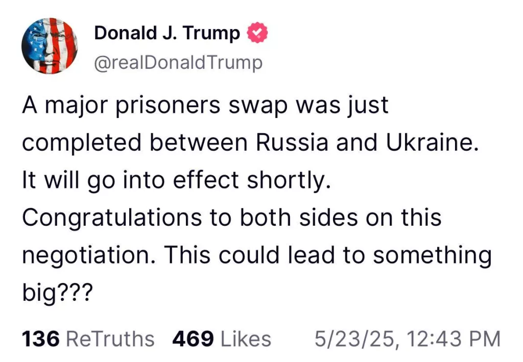 Трамп утверждает, что между Россией и Украиной только что завершился крупный обмен пленными