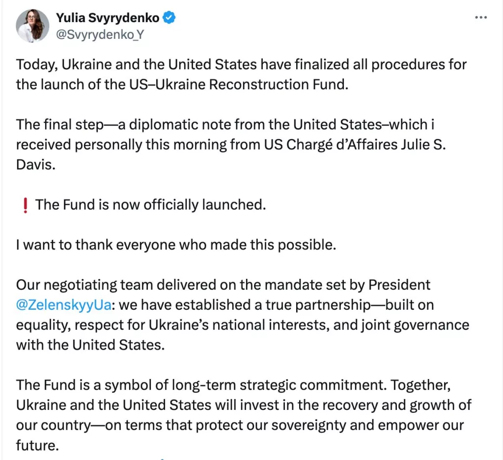 Украина и США официально запустили Фонд восстановления, который является частью соглашения по полезным ресурсам