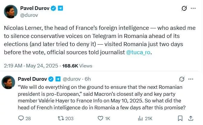 Глава внешней разведки Франции посетил Румынию всего за два дня до президентских выборов, заявил Дуров со ссылкой на румынского журналиста