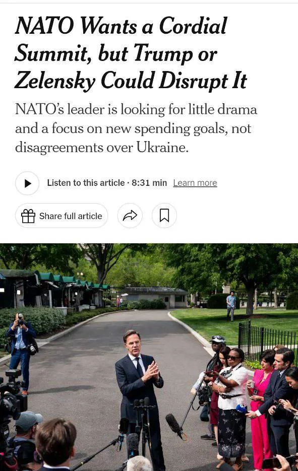 Генсек НАТО нервничает из-за присутствия Трампа и Зеленского на саммите Альянса. Он боится нового скандала между лидерами США и Украины, — NYT