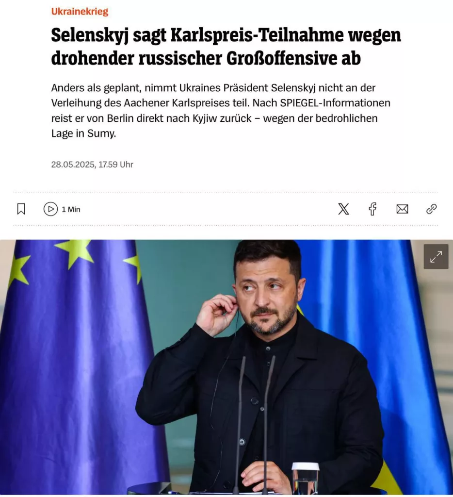 Зеленский досрочно завершил визит в Германию и вернулся на Украину из-за российского наступления в Сумской области, — Spiegel