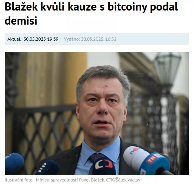 Министр юстиции Чехии уходит в отставку после «подарка» от наркоторговца — 49 млн долларов в биткоинах