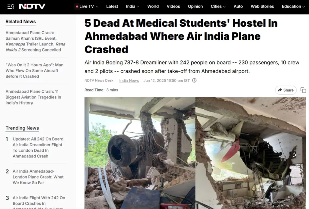 Выживших нет: авиакатастрофа в Индии унесла жизни 247 человек
