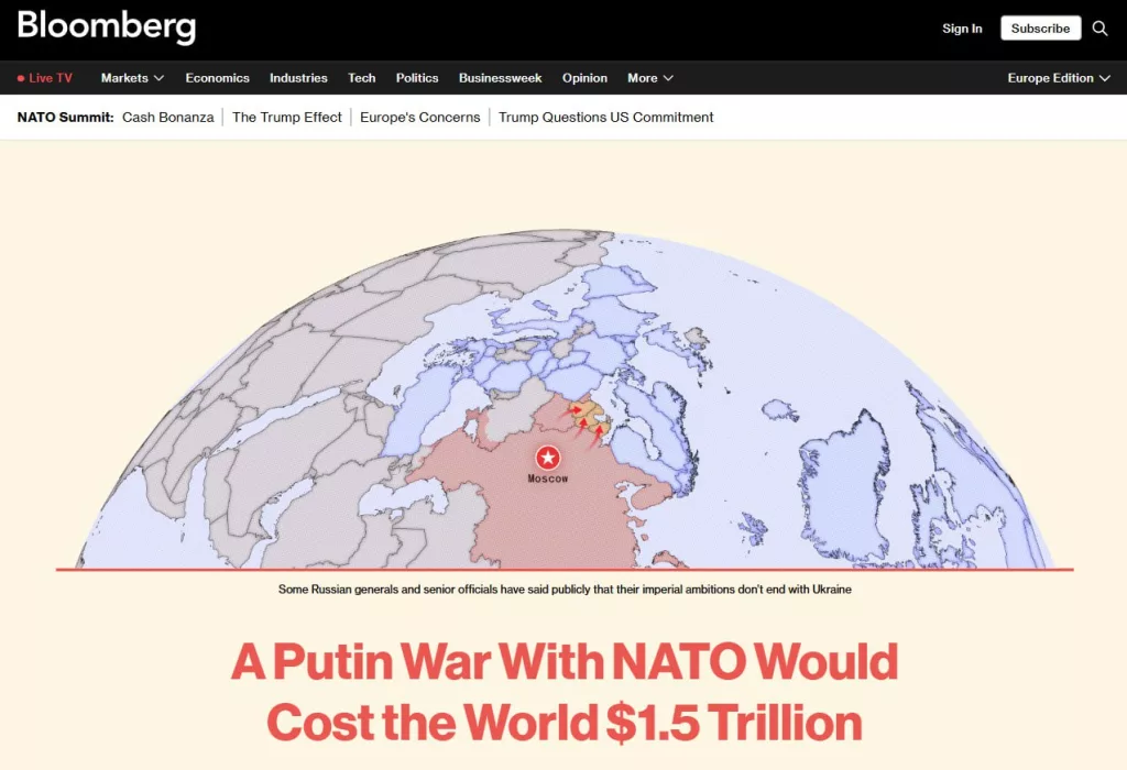 Bloomberg: война НАТО с Россией обойдётся миру в $1,5 трлн уже в первый год