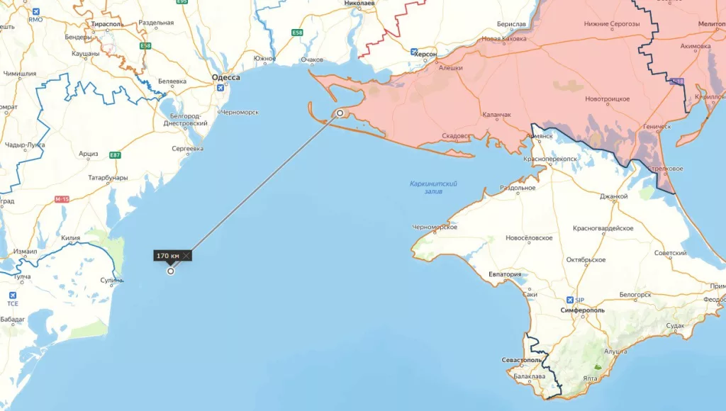 Разведывательный БПЛА ВС РФ проводит разведку острова Змеиный в Чёрном Море. Минимальное расстояние до позиций более 170 км