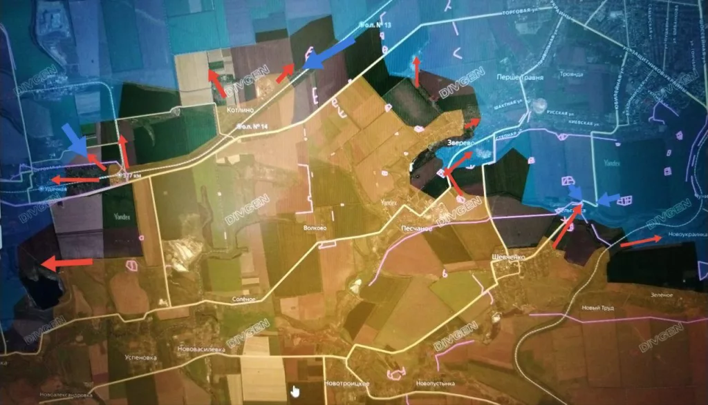 Покровское (Красноармейское) направление. Правый фланг. Ожесточённые бои в Удачном и в районе Котлино