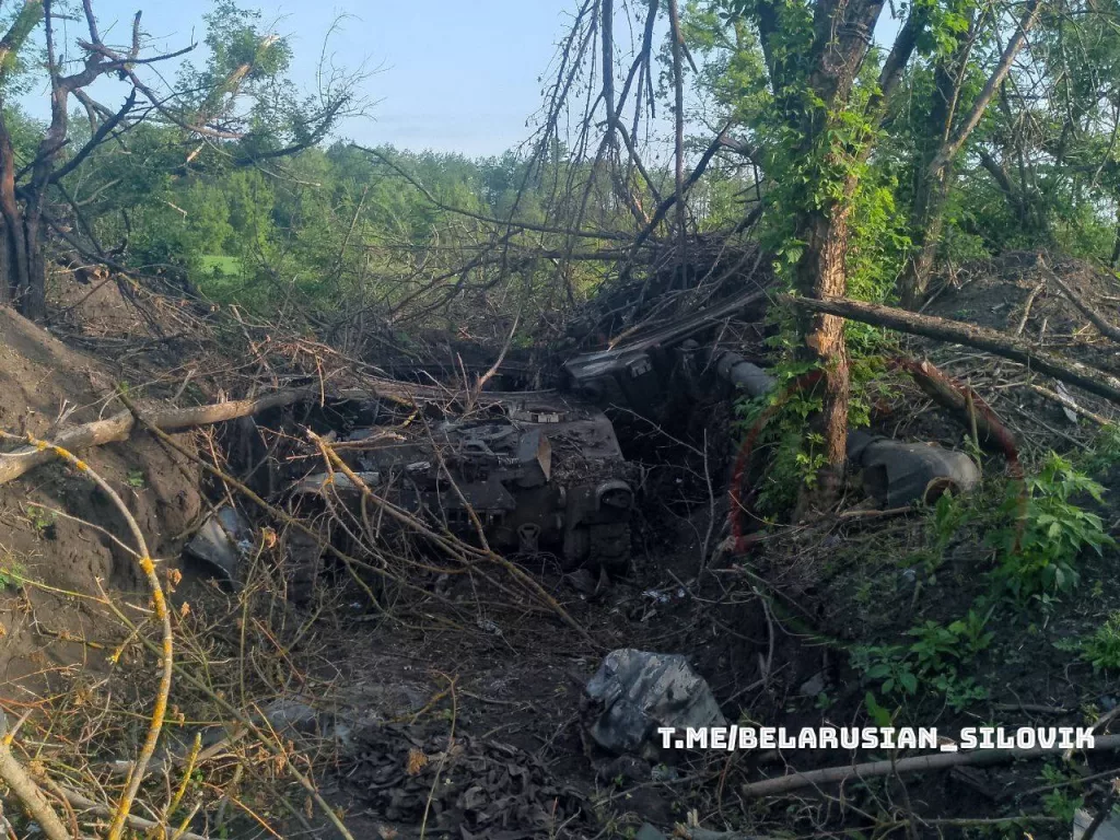 Дорога в направлении села Басовка Сумской области. Вдоль дороги множество уничтоженной техники противника