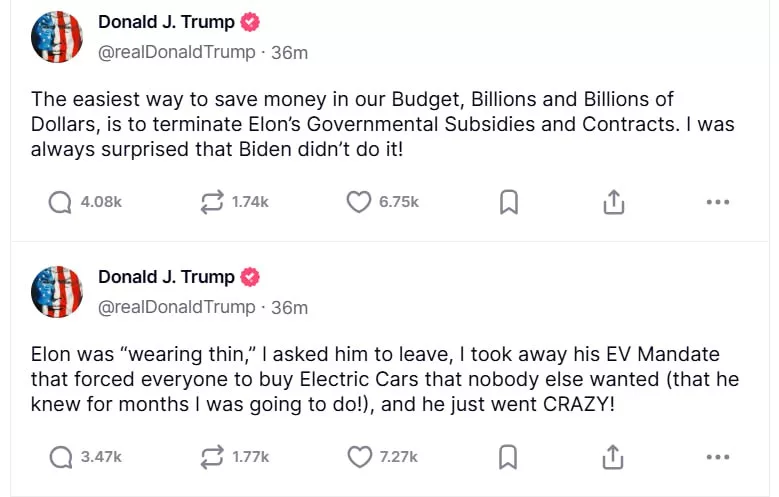 «Без меня он проиграл бы»: Маск поссорился с Трампом, акции Tesla падают