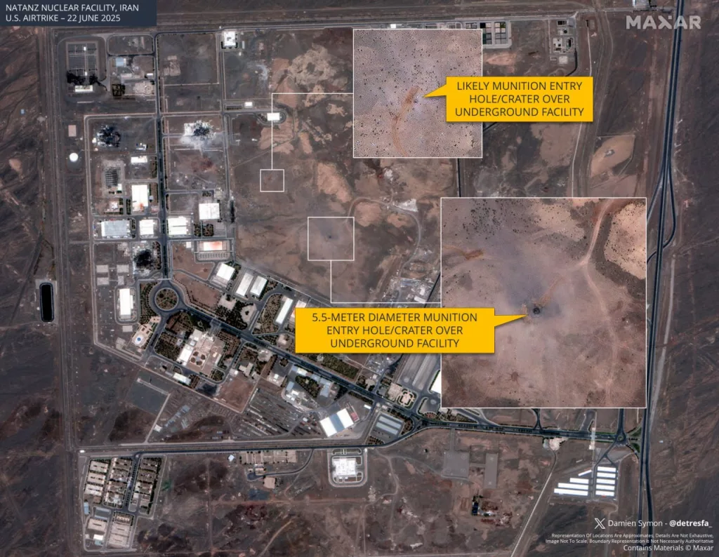 Появились новые спутниковые снимки, фиксирующие результаты ударов США по ядерным объектам Ирана