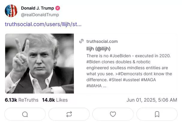 Ничего особенного, просто Дональд Трамп в 5 утра поделился в своей соцсети "Правда" постом о том, что Джо Байдена казнили в 2020 году и заменили его клонами и роботами
