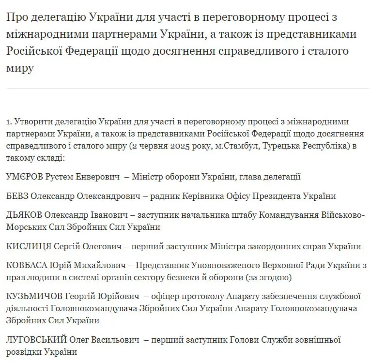 Состав украинской делегации на переговорах в Стамбуле 2 июня несколько изменился, следует из указа Зеленского