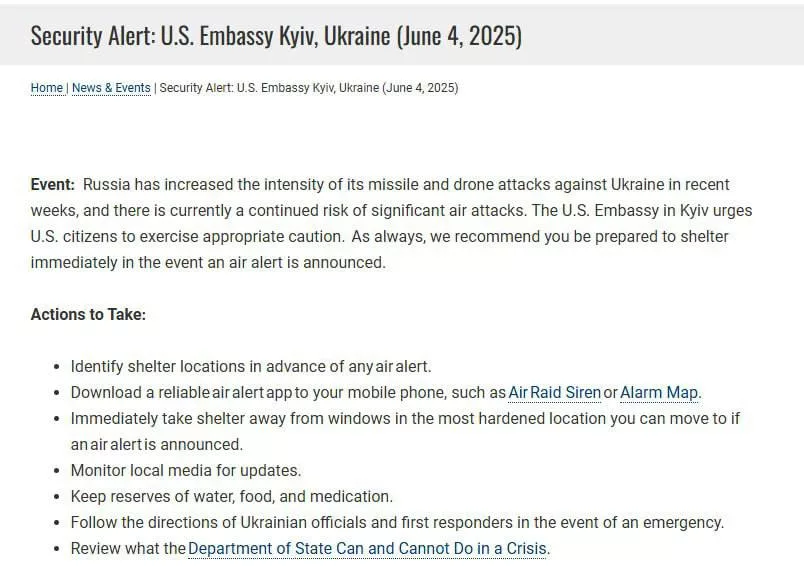 Госдеп США предупредил своих граждан проявлять осторожность из-за угрозы нового российского удара по территории Украины