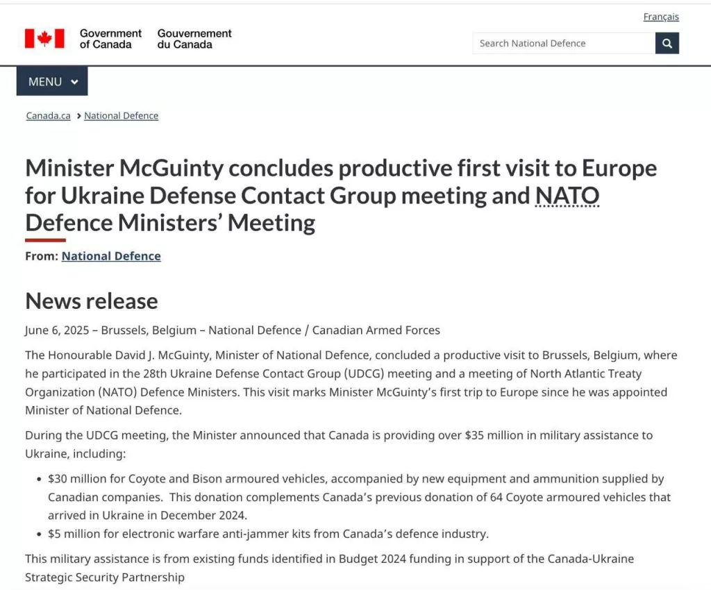 Канада предоставит новый пакет военной помощи Украине на сумму 35 млн долл., — министерство обороны страны