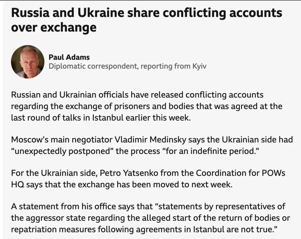 Обмен пленными и телами между Россией и Украиной перенесен на следующую неделю — BBC
