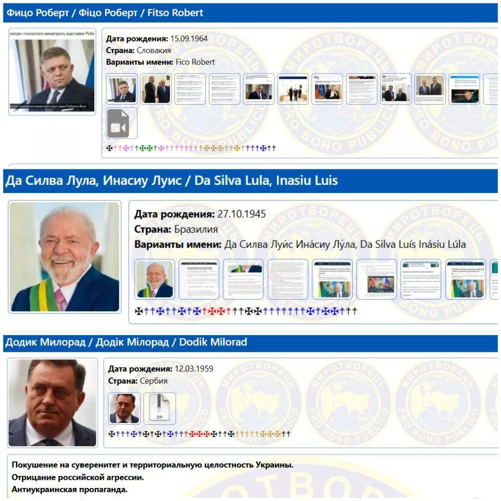 В базу «Миротворец» внесли лидеров Словакии, Бразилии и Республики Сербской