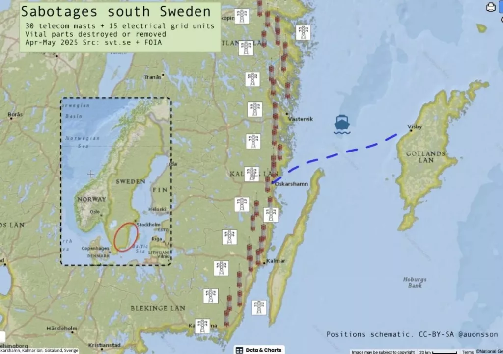 По всей Швеции было выведено из строя 30 вышек связи