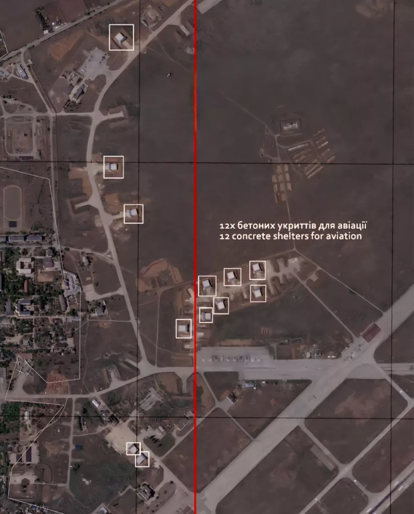 Спутниковый снимок защитных ангаров для авиации на авиабазе Саки в Крыму, а также сразу 5 БПЛА "Орион", очевидно, применяемых для противодействия украинским БЭК в Черном море