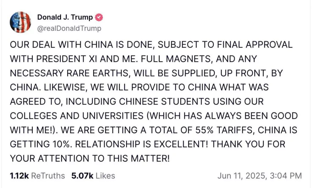 Трамп раскрыл детали торговой сделки с Китаем: тарифы составят 55% для Китая и 10% для США