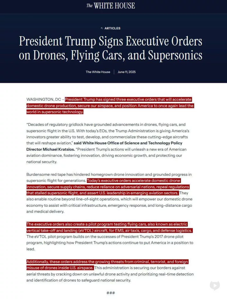 Дональд Трамп подписал три исполнительных указа, направленных на ускорение производства дронов, обеспечение лидерства США в аэрокосмических технологиях и развитие новых транспортных средств, таких как летающие автомобили и сверхзвуковые самолёты