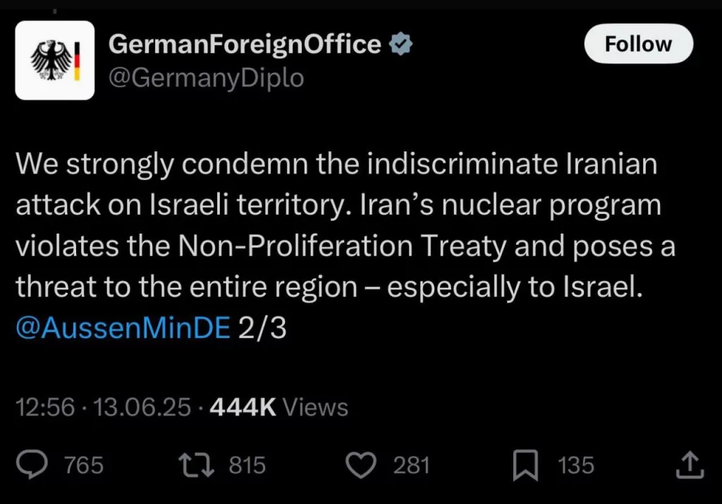 Анекдот дня - Германия резко осуждает «удары Ирана по Израилю». То, что Израиль с ночи утюжит Иран в сообщениях никак не упоминается