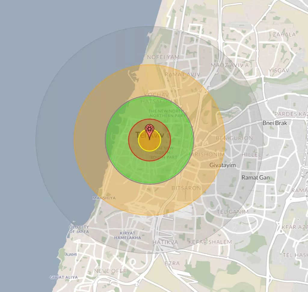 Примерная зона поражения иранским ядерным зарядом (если он существует) при ударе по Тель-Авиву
