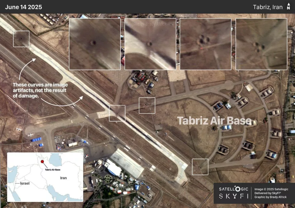 На иранской авиабазе Тебриз ВВС Израиля точечно вывели из строя рулежки, ведущие ко взлетным полосам, сделав ее использование невозможным на какое-то время