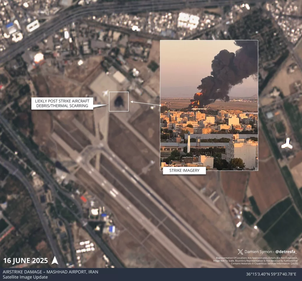 Спутниковый снимок Международного аэропорта Мешхед им. Шахида Хашеминежада на северо-востоке Ирана, в котором, предположительно, был уничтожен самолёт-заправщик Boeing 747-131 (SF) ВВС Ирана