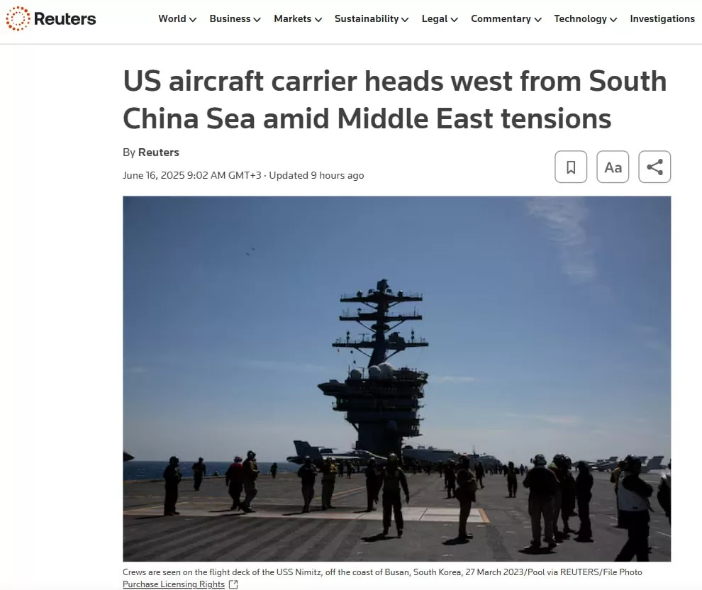 США срочно перебрасывают на Ближний Восток авианосец