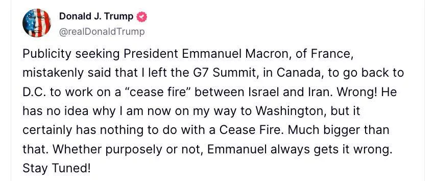 Трамп заявил, что досрочно покинул саммит G7 в Канаде не для того, чтобы заниматься прекращением огня на Ближнем Востоке. При этом он резко раскритиковал Макрона