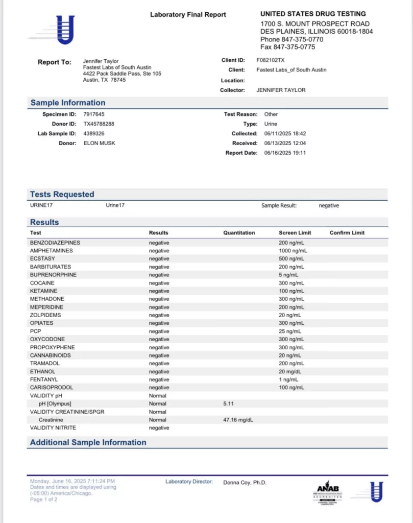 Илон Маск показал результаты своего теста на наркотики: запрещённые вещества не нашли