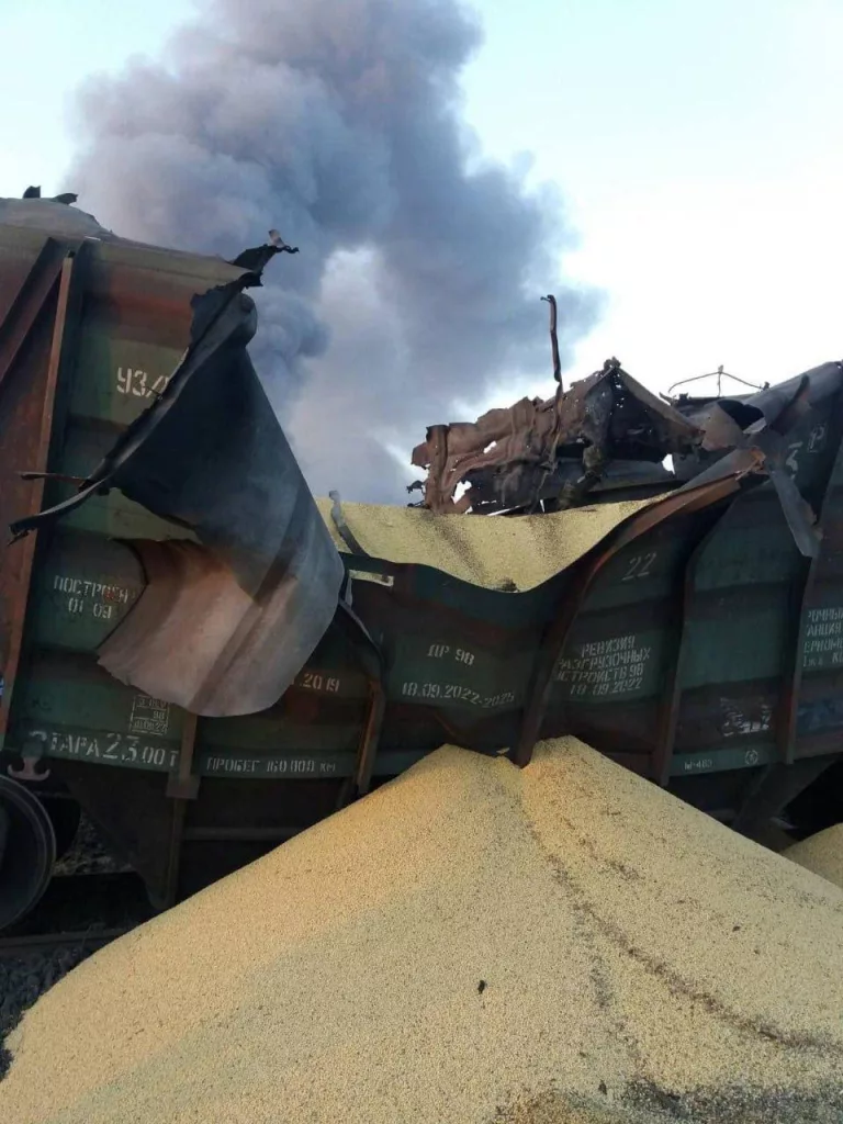 В результате российского удара поврежден поезд, перевозивший зерно и военные грузы, а также железнодорожная инфраструктура в Киеве и области