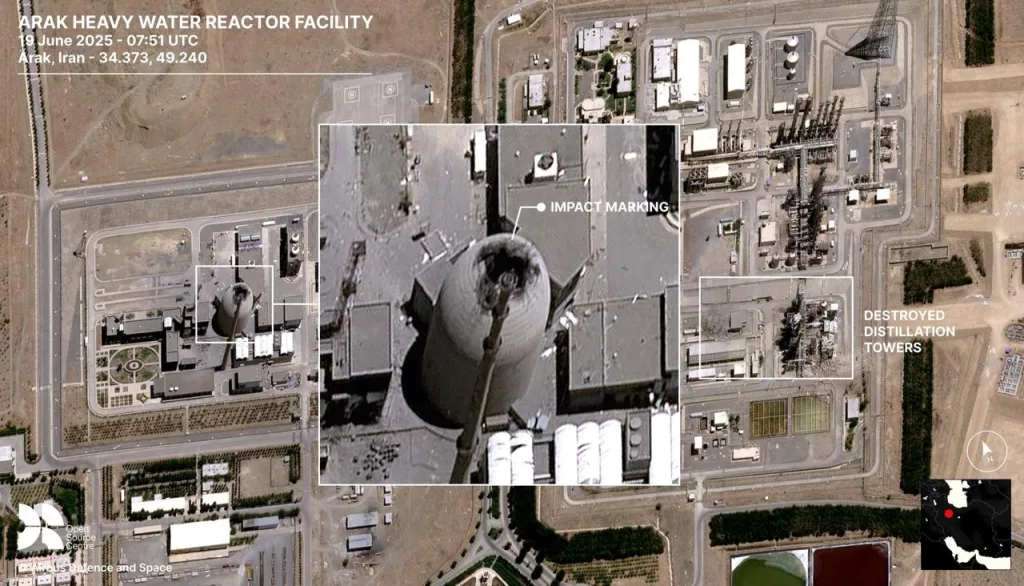 Спутниковый снимок показывает повреждения иранского тяжеловодного реактора в Араке после израильского удара