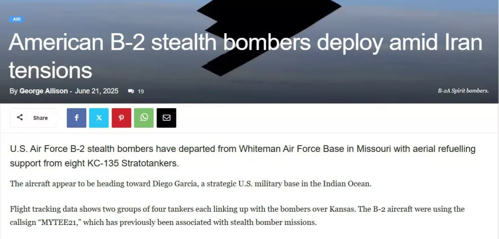 Дополнительные бомбардировщики B-2 следуют на военную базу в Индийском океане, пишет UK Defence Journal. По всей видимости, речь идет о базе на острове Диего-Гарсиа, куда ранее уже были переброшены такие самолеты