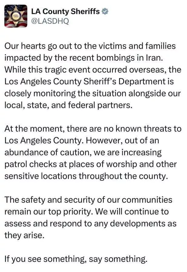 Шериф округа Лос-Анджелес опубликовал, а затем удалил соболезнования Ирану в связи с трагической бомбардировкой США, сообщает Fox News