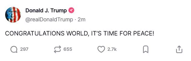 Новый пост Трампа: «Поздравляю весь мир, пришло время мира!»