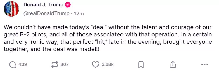 Трамп благодарит пилотов за “идеальный удар”, пока ракеты летят над Ближним Востоком