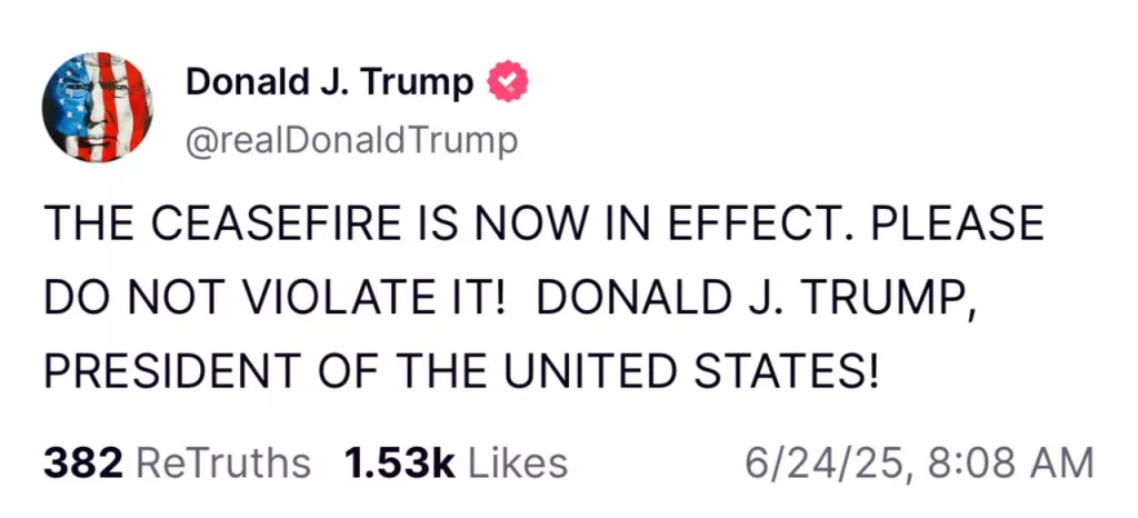 «Пожалуйста, соблюдайте режим прекращения огня!». Президент США Дональд Трамп официально заявил о вступлении в силу режима прекращения огня