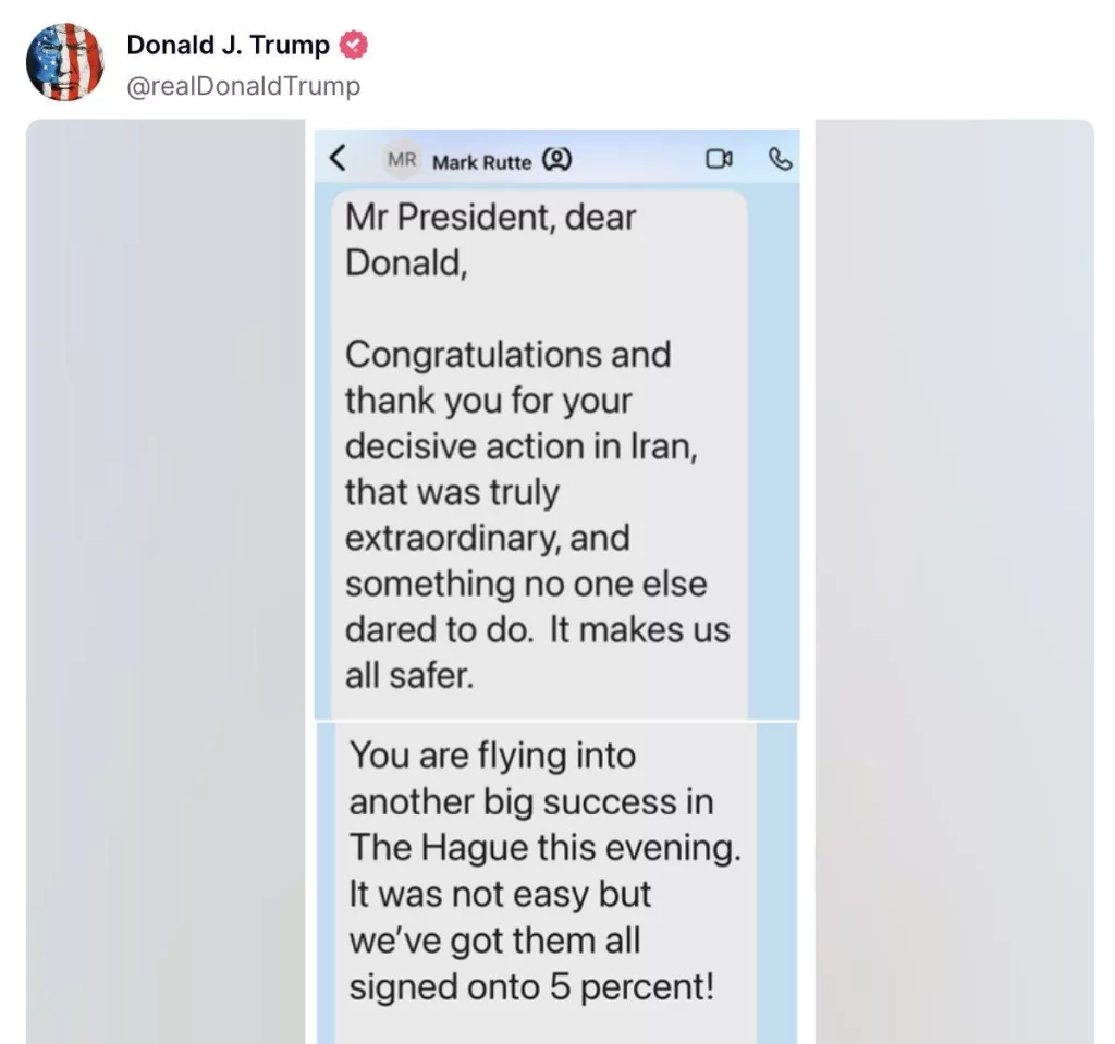 Трамп опубликовал личное сообщение, которое в преддверии саммита НАТО в Гааге ему направил генсек НАТО Рютте