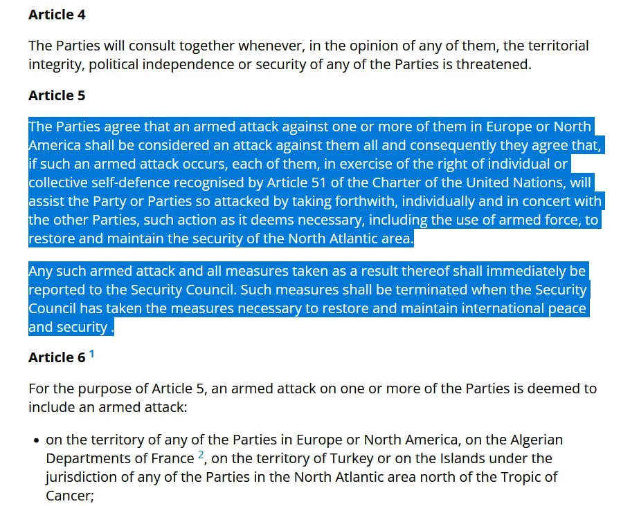 Привержен ли Трамп 5 статье устава НАТО?